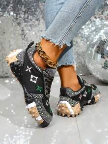 2026新款亮黑色水钻女士运动鞋，透气休闲厚底时尚百搭步行鞋 - 黑色 - 查看 4