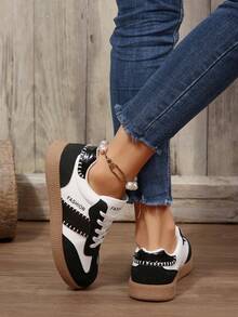 Color Block Sneakers - Color Block Casual Sneakers - Lace-Up, Lightweight, Soft Sole - Suitable For Walking, Skateboarding, Daily Wear - Women's - Comfortable, Fashionable, Versatile - Combining Fashion And Comfort, Color Block Casual PU Leather Lace-Up Sneakers, Suitable For Vacation, School, Home, Gym, Spring/Summer - Black - View 6