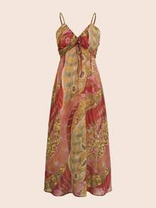 女士长袖吊带中长连衣裙，优雅波西米亚复古风，系带前襟，梭织面料 - 彩色 - 查看 5