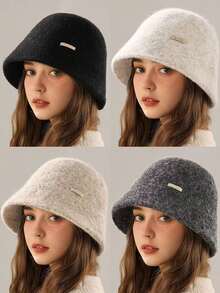 1 Stück Damenhut, einfaches Design hochwertige Leder-Beschriftung Plüsch Fischerhut, Herbst/Winter neu warm, windabweisend, modisch, vielseitig, schmeichelhaft, breite Krempe Fischerhut, geeignet für Herbst/Winter Outdoor, tägliche Fahrten, Einkaufen und kalte Wetter Outfits für Frauen - A - Übersicht 9