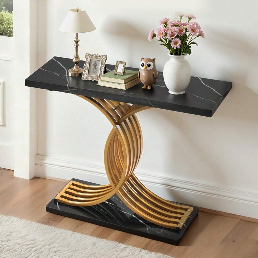 39 In Gold Console Table, Modern Desk Behind The Couch, Wood Rectangle Entrance Desk, Narrow Long Sofa Table Accent Stand With Metal Legs For Hallway, Bedroom, Living Room, Foyer, Easy Assembly - 39inch - 查看 1