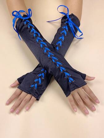 1 Pair Solid Color Elegant Ribbon Tie Fingerless Gloves, Suitable For Formal Occasions, Performances, Dates, All Seasons