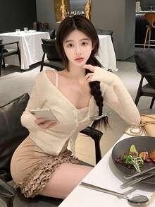 两件套女士早春针织毛衣上衣+吊带背心，新款通勤休闲开衫&背心套装 - 杏色 - 查看 4