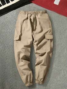 3pcs Tween Boys Casual Minimalist Faux Pocket Outdoor Sports Drawstring Cargo Pants - Multicolor - View 5