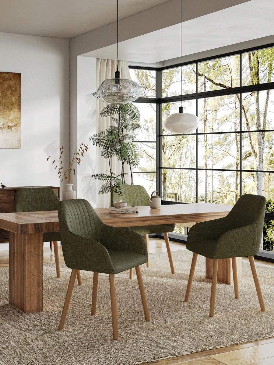 Goeurvant Modern Vertical-Stripe Upholstered Dining Chairs With Armrests And Solid Wood Legs For Dining Room, Kitchen, Living Room - Set Of 2 / Set Of 4 / Set Of 6 - Grass Green - 綠色 - 查看 1