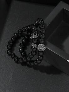 3pcs/Set Fashionable Versatile Men's Steel Band Quartz Watch With Lion Crown Bead Bracelet Set, Suitable For Business, Party And Daily Wear, Best Gift For Men - Black - View 7
