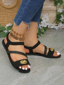 2026 Sommer Neue Flache Riemen Sandalen, 1 Paar elegante flache Schuhe mit modischem Retro-Goldschnallen-Sandalen, Strandurlaubs-Schuhe, elegante preppy College-Chic-Urlaubs-Strand-Boho-Lässig-PU-Leder-Schnallen-Strand-Festival-Hochzeit-College-Urlaubs-Party-Büro-Innen-Außen-Frühling-Sommer-Herbst - Schwarz - Übersicht 12