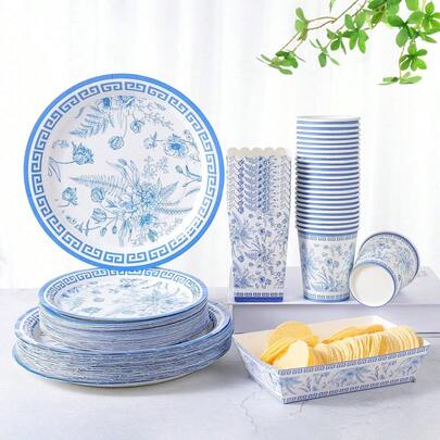 中式优雅蓝白花卉印花一次性餐盘、杯子、爆米花盒、食品容器套装，适合24位客人，一次性纸盘派对餐具套装，适用于生日、婚礼、派对、家庭野餐