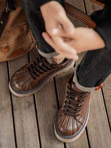 男士棕色复古真皮时尚低帮运动鞋，耐磨防滑锯齿鞋底，舒适圆头设计，适合校园、户外、秋冬季日常休闲穿着。 - 棕色 - 查看 6