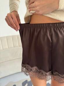 Women Lace Trim Satin Silk Shorts Y2K Patchwork Silky Mini Shorts Elastic Waist Pajama Slip Bottoms Boxer Coquette Micro Mini Shorts Going Out Shorts - nâu sẫm - Xem 6