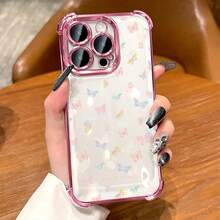 Flower Butterfly Patterned Transparent Four-Corner Electroplated Airbag TPU Soft Shell Is Compatible For IPhone 17 Pro Max/Air/16/15/14/13/12/11/X/XS. For Samsung S22/S23/S24/25. It's An Ideal Gift For Christmas And Valentine's Day, Perfect For Boyfriends, Girlfriends, And Family. - 粉色 - 查看 6