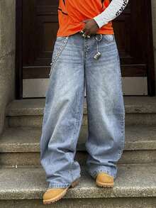 Y2K复古风男士黑色水洗宽松阔腿牛仔裤，直筒休闲版型牛仔裤，送给老公或男友的完美礼物 - 淺色水洗藍 - 查看 2