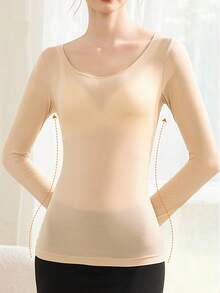 2pcs Ultra-Warm Underwear, High-Elasticity Soft Comfortable Long Sleeve Top, Women'S Lingerie And Sleepwear - 淺米色+淺米色 - 查看 7
