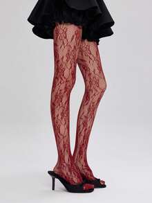 1Pc Y2K Style Plus Size Solid Color Hollow-Out Pantyhose Women's Sexy Fishnet Thigh-High Stockings High Elastic Comfortable & Breathable Fits 80-200 Lbs Versatile For Daily Wear Commute  Fashion Essential Hosiery - 酒紅色 - 查看 4