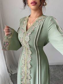 Rafferiza 女士宽松V领荷叶边长袖长袍，土耳其阿巴雅，阿拉伯长袍，女士秋季服饰 - 豆沙綠 - 查看 3