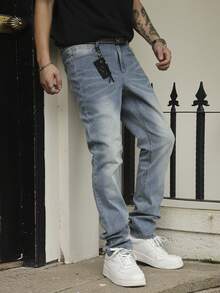 Men's Slim Fit Light Blue Jeans, Stretchy Skinny Casual Street Style Denim Pants, Versatile & Fashionable - Blue - View 2