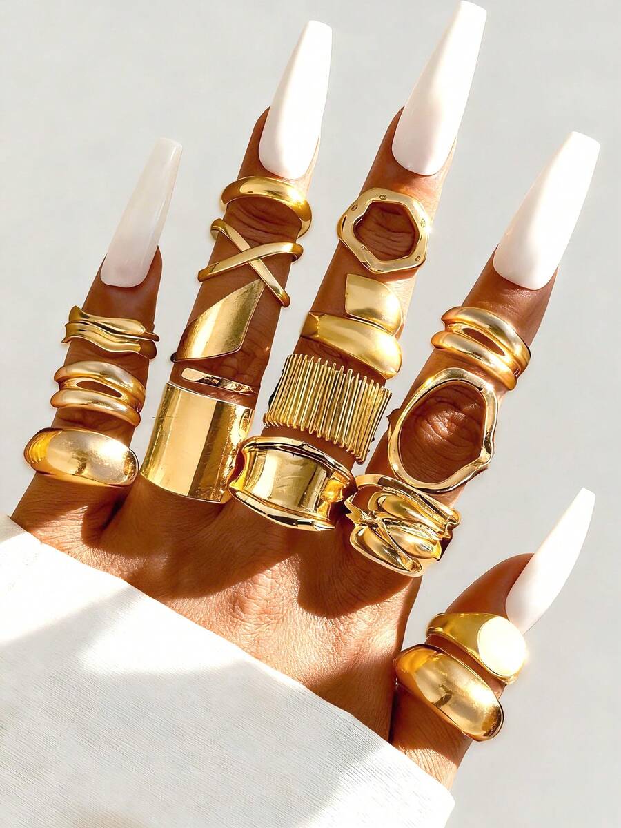 16/6pcs Set Vintage Elegant Bohemian Style Women Wide Face Asymmetrical Geometric Line Design Metal Ring Set, Suitable For Daily Wear - Gold 5 - View 1