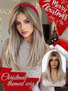 棕色渐变假发，中长发，无刘海，耐热合成发，柔软，逼真，透气，适合初学者，适合女性派对、日常通勤、节日、旅游，16 英寸 - 漸層棕色 - 查看 3