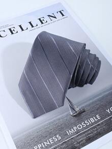 男士商务领带一条，宽8厘米，手工制作，专业正式面试条纹领带，涤纶提花面料 - 深灰色 - 查看 2