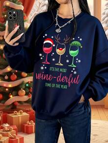 Women's Top, A Burgundy Holiday Sweater, Perfect As A Christmas And New Year's Gift. Features A Round Neckline, Loose Fit, Soft And Warm Material, Suitable For Winter Holiday Parties, And Is A Perfect Gift Choice. Casual Style, Loose Fit, Thick And Warm, Suitable For Autumn And Winter, Comfortable For Everyday Wear, Fashionable Street Style, Long-Sleeved Pullover Sweatshirt. - Navy Blue - View 2