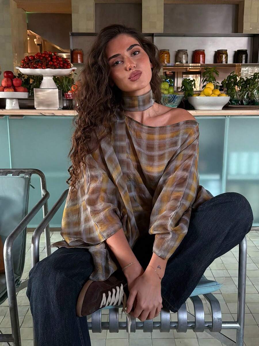 Women Casual Plaid Print Loose Cape Tops Summer - 彩色 - 查看 1