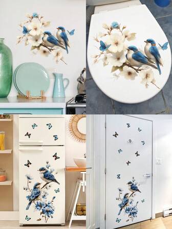 Bird On The Tree Branch Wall Sticker, Bluebird And Butterfly DIY Art Vinyl Wall Decal, Self-Adhesive Wall Decoration For Spring Garden Living Room Bedroom Kitchen Playroom Nursery Room Door Toilet Seat Cover Bathroom Decor