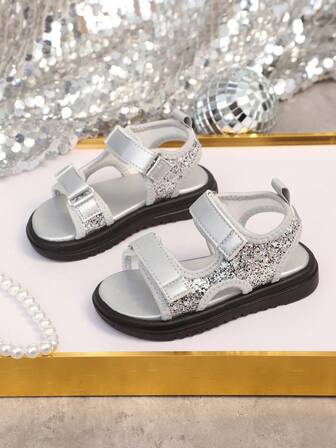 1 คู่ รองเท้าแตะเด็กผู้หญิงเรียบง่ายน่ารัก, ตกแต่งกลิตเตอร์ แบบตะขอเกี่ยวและห่วงปิด, หัวกลม พื้นนิ่ม รองเท้าเจ้าหญิง, รองเท้าน้ำหนักเบาสำหรับชายหาด/น้ำ, เหมาะสำหรับทุกฤดูกาล