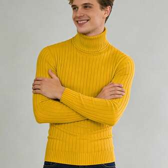 Jersey de cuello alto acanalado de color amarillo mostaza para hombre, de ajuste slim y manga larga, para otoño/invierno - Prenda superior casual para usar en capas a diario