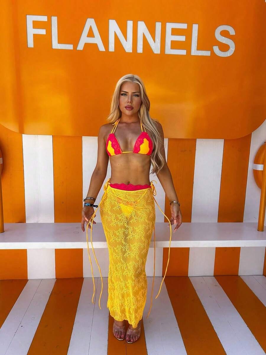 3 piezas Bikini con parches de encaje con volantes/volantes estilo bohemio, conjunto de ropa de playa casual, elegante y sexy para vacaciones, primavera/verano - Amarillo - Ver 1