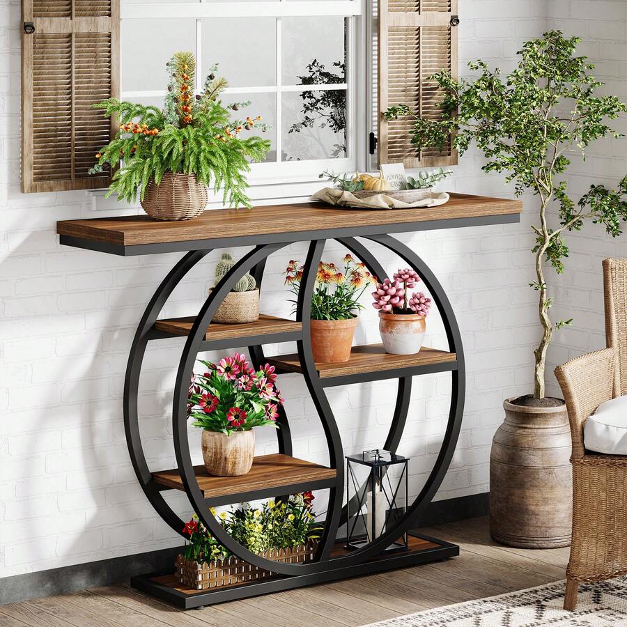 Tribesigns Mesa consola, mesa de centro industrial de 4 niveles de 120 x 30 cm, mesa de entrada con base circular, mesa auxiliar estrecha de madera con estantes para sala de estar, pasillo, vestíbulo, marrón rústico - Marrón - Ver 1
