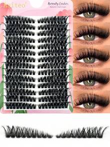 Asiteo 252片D型卷翘猫眼簇状假睫毛，蓬松浓密单根睫毛，可DIY，打造戏剧性效果，可重复使用，高品质，最低价格，开斋节特惠