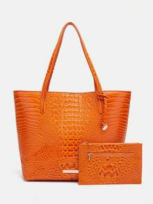 Women's Shoulder Bag European And American Style Crocodile Print Tote Bag Blue Large Capacity Commuter Tote Bag With Coin Purse Blue Crocodile Leather Tote Bag Large-Capacity Mother-In-Law Bag Fashionable And Versatile Handbag - 橘色 - 查看 1