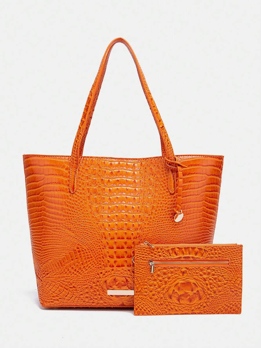 Women's Shoulder Bag European And American Style Crocodile Print Tote Bag Blue Large Capacity Commuter Tote Bag With Coin Purse Blue Crocodile Leather Tote Bag Large-Capacity Mother-In-Law Bag Fashionable And Versatile Handbag - 橘色 - 查看 1