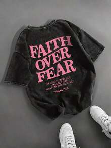2026 Summer Shirts 1PCS Women's Faith Over Fear Bible T-Shirt - Black Pink Letters - Inspirational Bible Verse Shirt (Psalm 118:6) - Soft Vintage Washed Effect - Christian Clothing - Machine Washable Casual T-Shirt-Premium Cotton Graphic Printed Round Neck T-Shirts-365TLoose And Comfortabletops - 黑色 - 查看 1