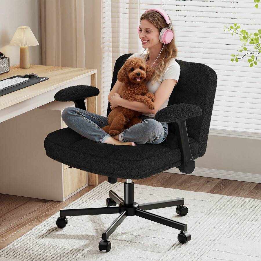 Teddy Plush Criss Cross Desk Chair With Flip-Up Arms And Wheels  Adjustable Height Wide Office Chair For Vanity Home Office Bedroom, Black - màu đen - Xem 1