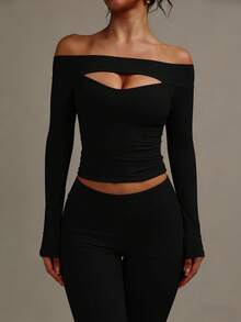 XLLAIS Fall Winter Clothes For Women 2025 Sexy Long Sleeve Black Off The Shoulder Tops High Strech Hollow Out Fitted T Shirt Christmas Party Wear - Black - View 5