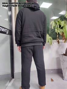 男士时尚休闲百搭秋冬季加厚保暖内衬连帽衫套装 - 黑色 - 查看 10