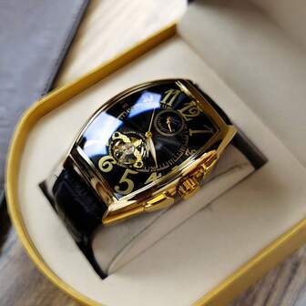 ROMITIME 1枚桶形夜光男士腕表，镂空陀飞轮表盘，防刮不锈钢表壳，时尚商务奢华运动经典简约自动上链机械表，适合万圣节、圣诞节、父亲节、情人节、学生节、节日、约会、商务、日常佩戴、送礼等多种场合。