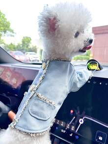 1pc Pet Clothes, Dog/Cat Outfit, Apparel For Small Dogs & Puppies, Stylish Cute Comfortable Pocket Button Jacket - Blue - View 3