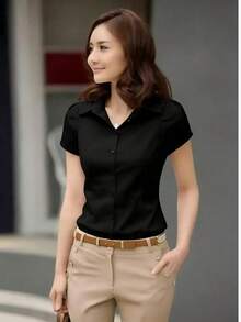 女士专业短袖修身通勤衬衫 黑色 夏季 - 黑色 - 查看 2