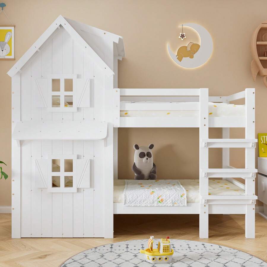Children's Bunk Bed With Attractive Windows And Roof, Side Safety Rails, Three-Step Straight Ladder, Stable Slatted Bed Bases, Pine + MDF + Plywood, White, 90*200 Cm - White + Solid Wood + Medium-density Fiberboard - View 1
