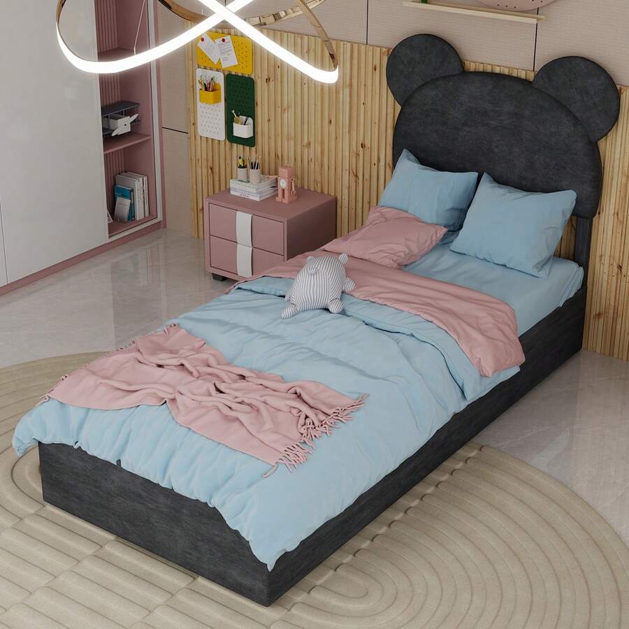 Modern And Minimalist Upholstered Bed With Soft Cartoon-Shaped Headboard, 90x200 Cm, Grey, Multifunctional Bedroom Furniture, High Storage Bed Base With Gas Lift Mechanism, Mattress Not Included. - Gray + Fabric + Metal + Memory Foam - View 1