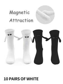 1/2/4/5/10 Pairs Women Black & White Magnetic Couple Socks, Cute Stick-Together Automatic Foot Holding Mid-Calf Socks, Spring/Autumn - Black and White - View 19