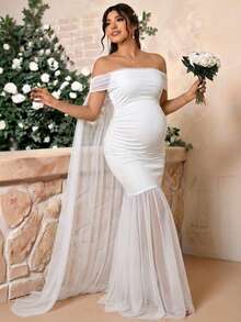 白色高开衩拉链垂褶修身露肩孕妇写真连衣裙 春季 - 白色 - 查看 1