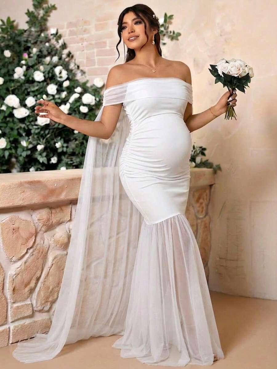 白色高开衩拉链垂褶修身露肩孕妇写真连衣裙 春季 - 白色 - 查看 1