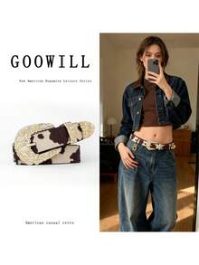 1 Piece, Crystal-Embellished Gold-Carved Buckle Waist Belt, Evening Gown Eye-Catching Textured Leather Waist Belt, Vintage Pin Buckle Exquisite Waist Belt, Refined And Fashionable Accents. - Multicolor - View 7