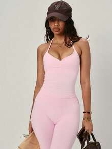 PinkTip 1 Set Women's Fashion Stacked Collar Design Short Cropped Elastic Camisole And Pants Sportswear Set, Solid Color Versatile Spaghetti Strap Casual Backless Minimalist Camisole And Pants Workout Sets For Women, Running, Fitness, Yoga, Outdoor Activities Pink - 粉色 - 查看 5
