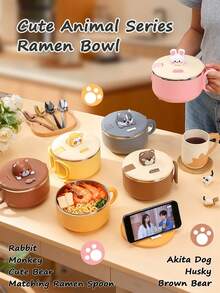 Cute Kitchen 1/2個 1200ml 即食麵碗 SUS304不鏽鋼，可愛卡通動物，可攜式碗－手機支架設計，可用於食用即食麵、水果、沙拉、義大利麵，感恩節、開學季，送給他人的可愛禮物 - 彩色 - 查看 12