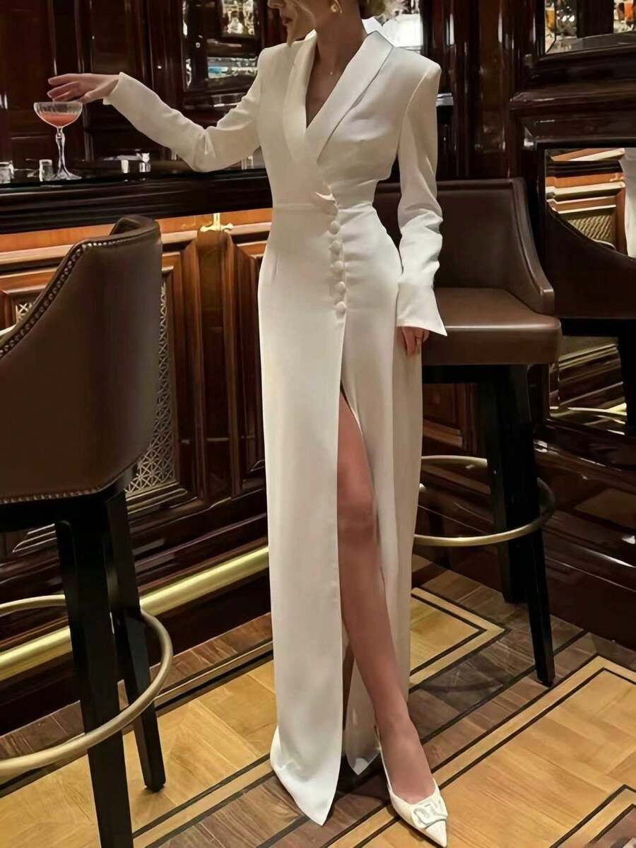 Magic Mia Elegant Women's White Long Sleeve Cocktail Dress With Shawl Collar Split Thigh And Button Front Details Fitted Party Gown - 白色 - 查看 1