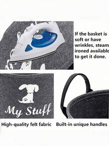 32cm X 22cm Gray Round Pet Toy Storage Basket With Handle, Dog Toy Basket